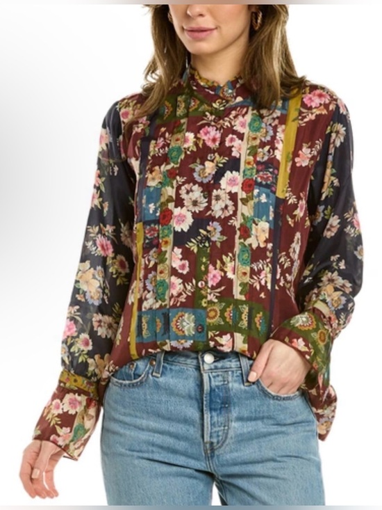 Johnny Was Tops - Johnny Was Laurie Silk Milan Blouse Red Burgundy Button Down Semi Sheer Size M